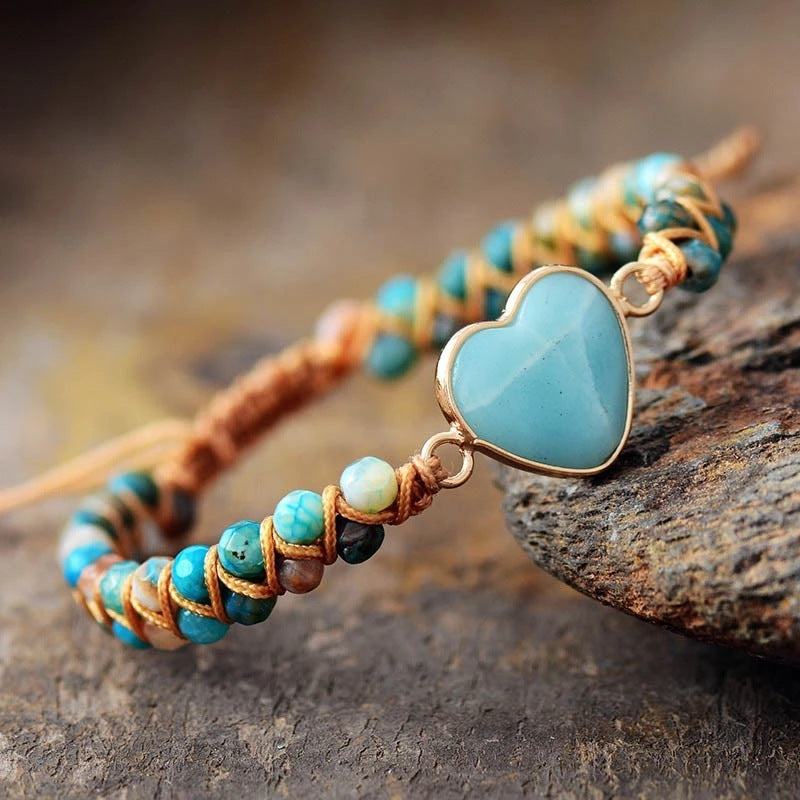 Bracelet cœur en charme, macramé amazonite pour femme