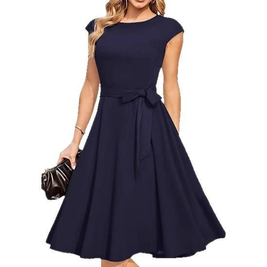 Robe d'Été à Col Rond, Sans Manches, Ceinturée – Imprimé Slim et Style Aérait