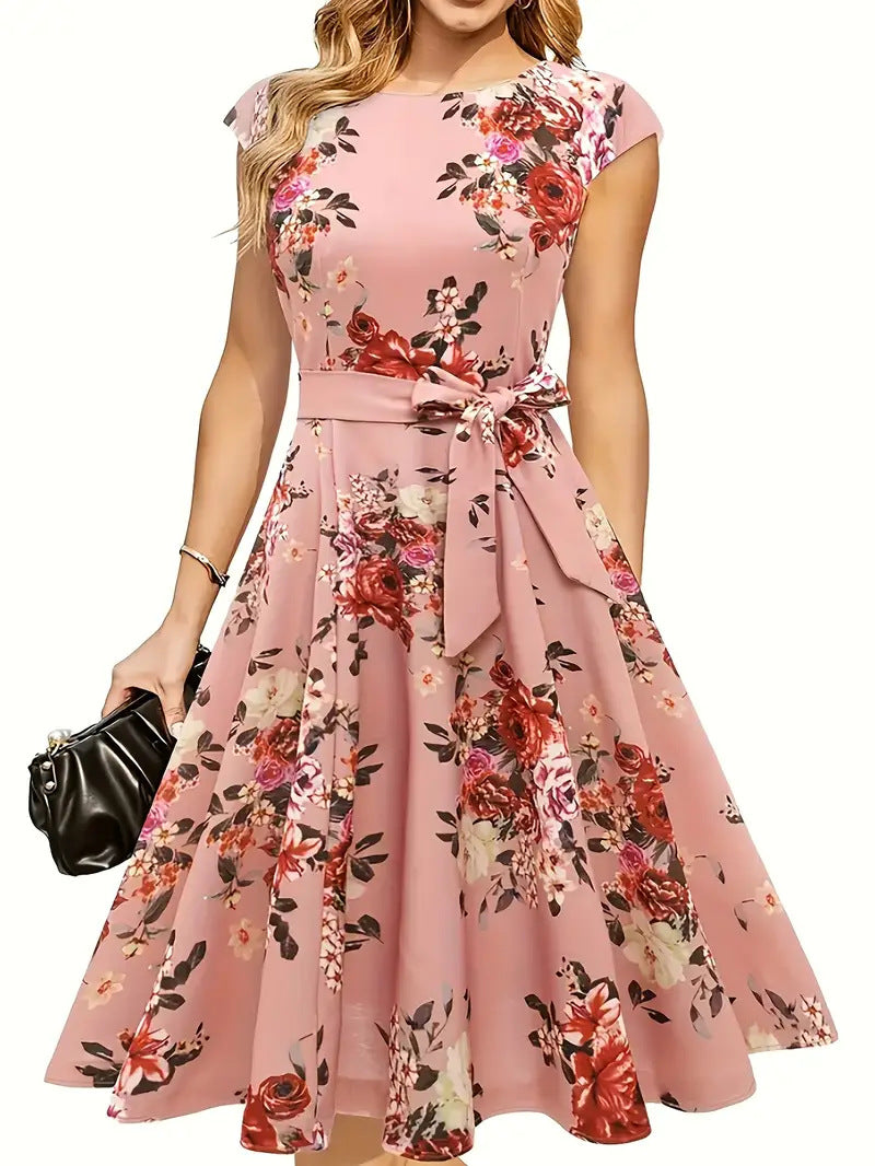 Robe d'Été à Col Rond, Sans Manches, Ceinturée – Imprimé Slim et Style Aérait