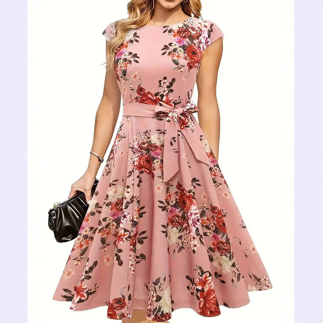 Robe d'Été à Col Rond, Sans Manches, Ceinturée – Imprimé Slim et Style Aérait