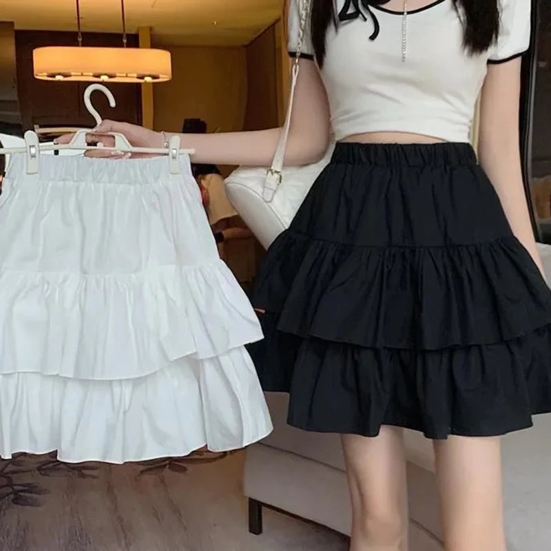 Jupe plissée blanche à volants, taille élastique, style coréen été.