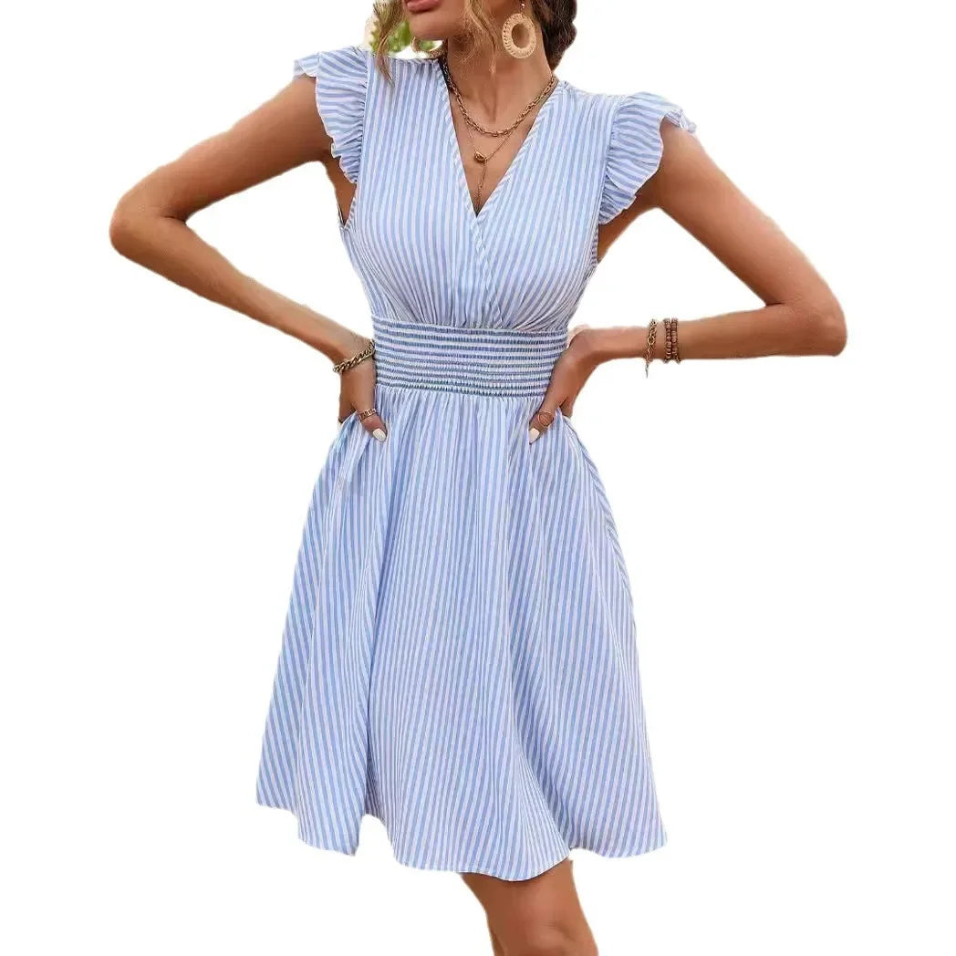 Robe d'été femme 2025 – Imprimé rayé, manches papillon, style européen-américain.