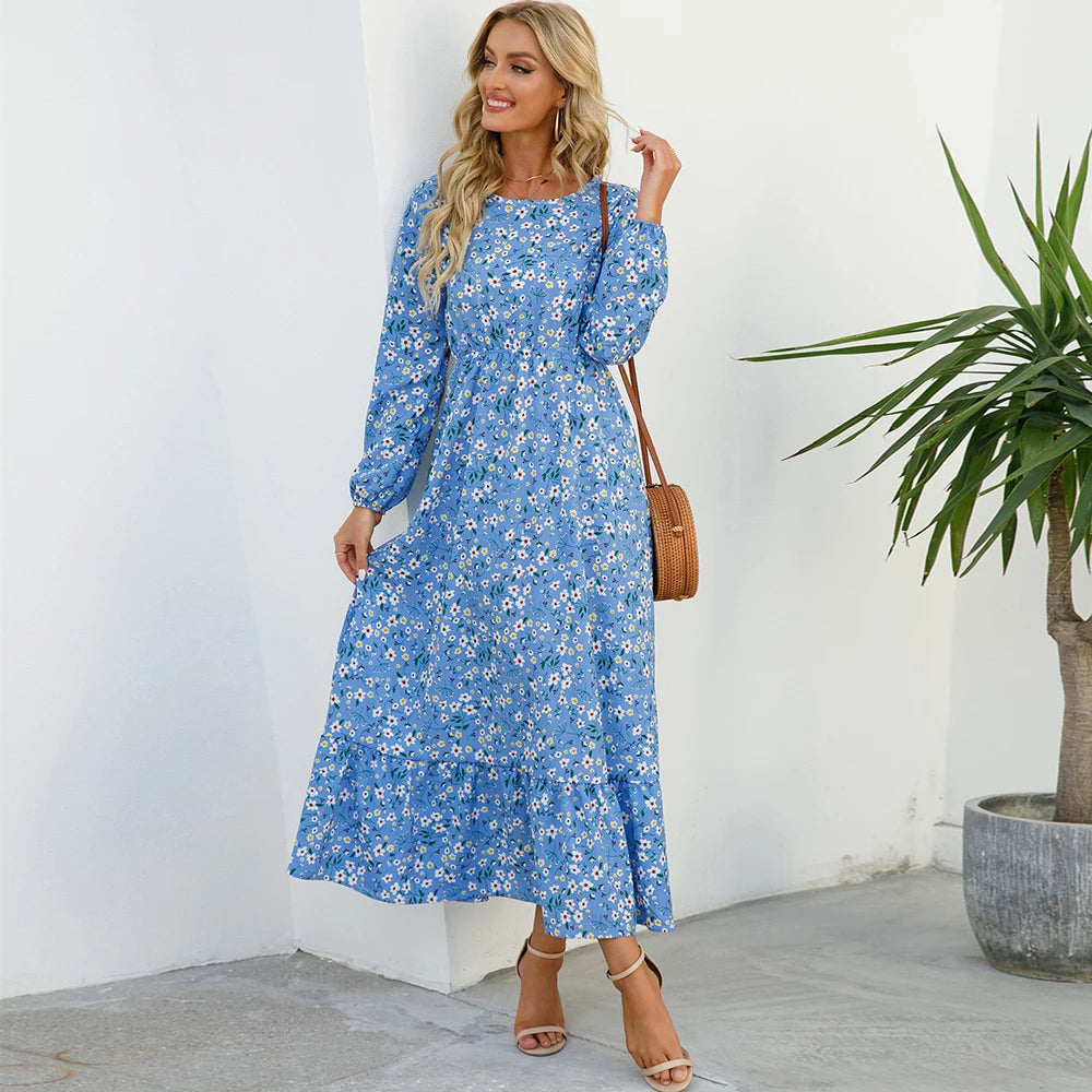 Robe maxi bohème imprimé floral, manches longues, idéale printemps-été.