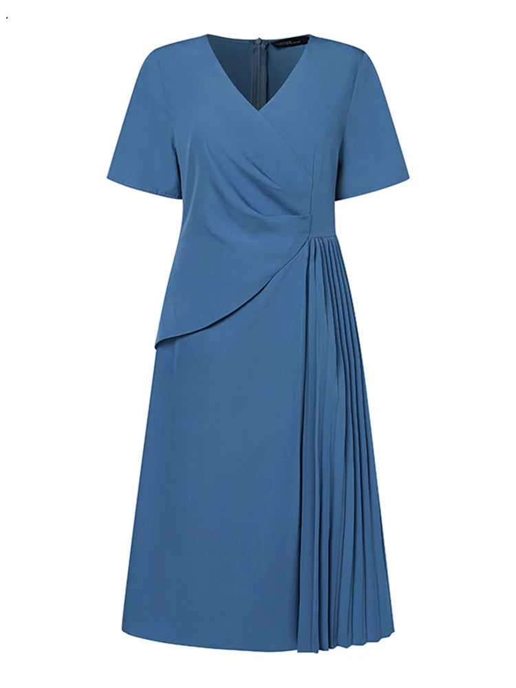 Robe midi plissée unie – Élégante robe d'été à col V pour femme