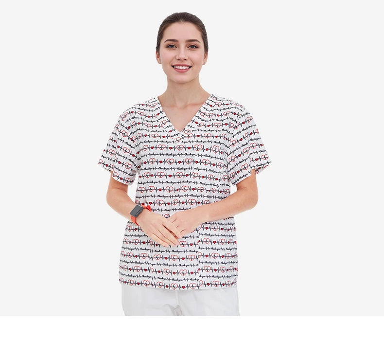 Haut médical imprimé femme – col en V, respirant, été, stretch