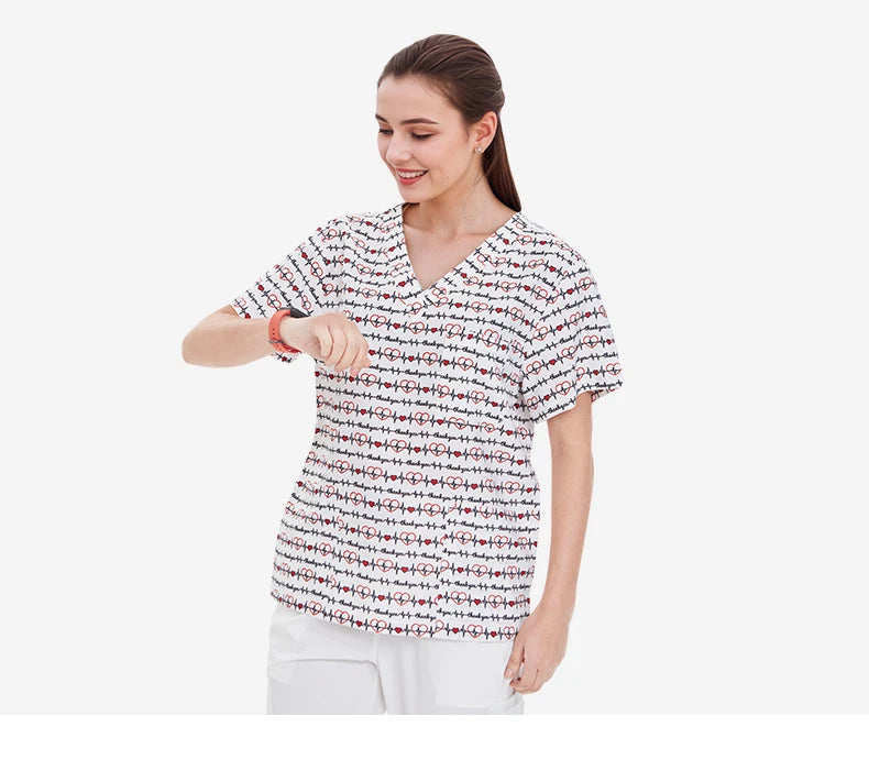 Haut médical imprimé femme – col en V, respirant, été, stretch