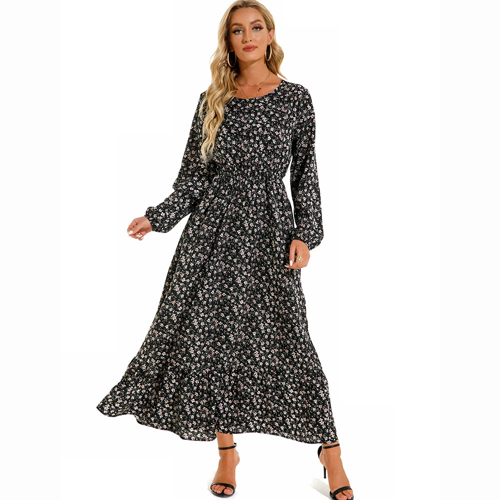 Robe maxi bohème imprimé floral, manches longues, idéale printemps-été.