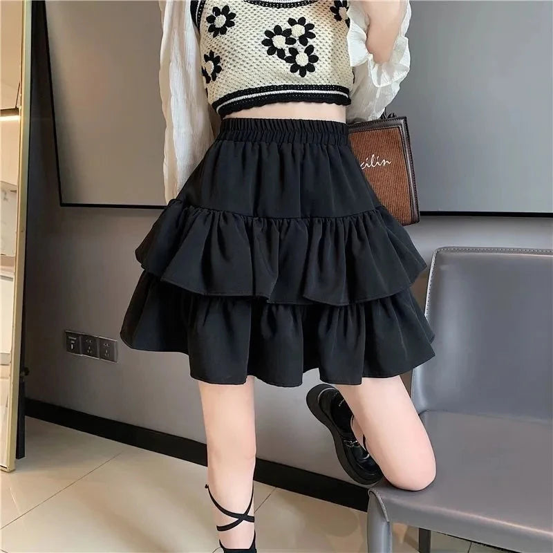 Jupe plissée blanche à volants, taille élastique, style coréen été.