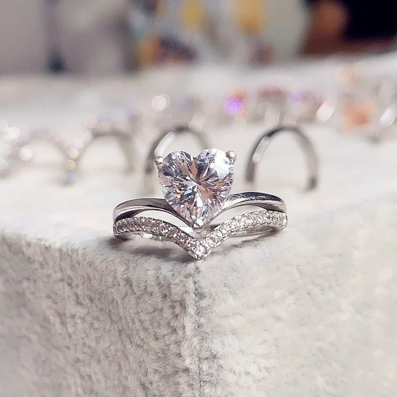 Bagues délicates en argent avec pierres en zircon blanc en forme de cœur pour femmes – ensemble de bagues de mariage, fiançailles, mode, bijoux, idée cadeau.