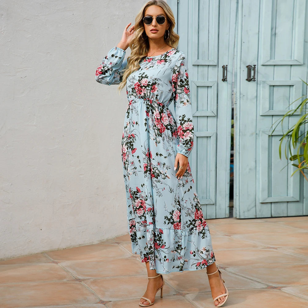 Robe maxi bohème imprimé floral, manches longues, idéale printemps-été.