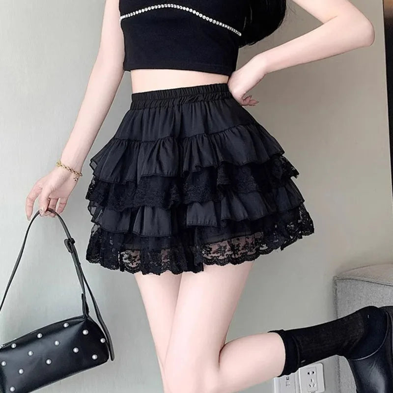 Mini jupe tutu gothique noire en tulle élastique, style sexy soirée.