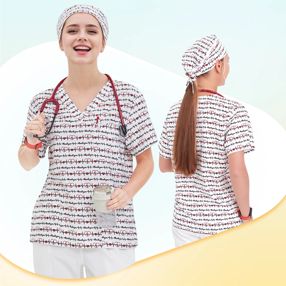 Haut médical imprimé femme – col en V, respirant, été, stretch
