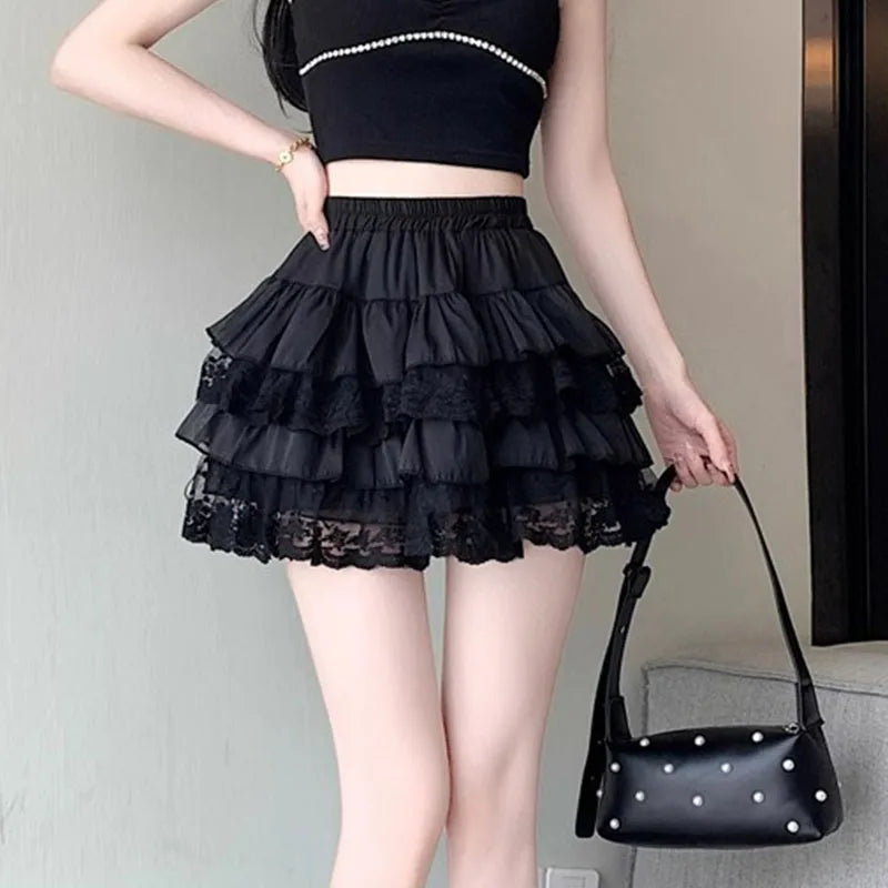 Mini jupe tutu gothique noire en tulle élastique, style sexy soirée.