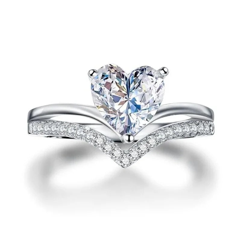 Bagues délicates en argent avec pierres en zircon blanc en forme de cœur pour femmes – ensemble de bagues de mariage, fiançailles, mode, bijoux, idée cadeau.