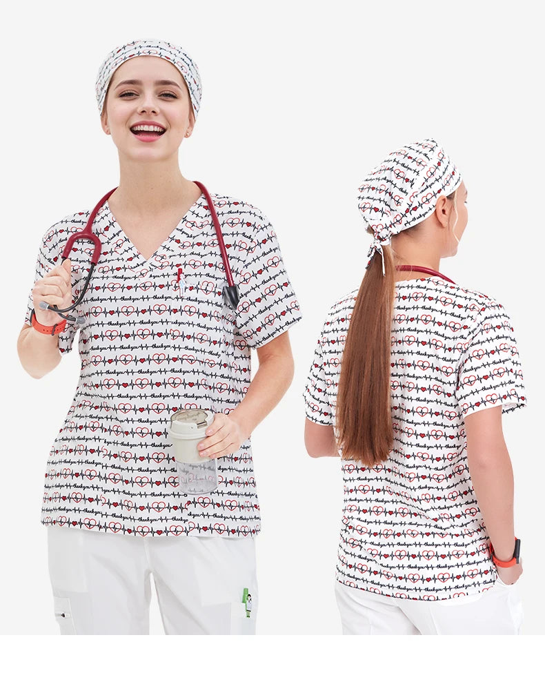 Haut médical imprimé femme – col en V, respirant, été, stretch