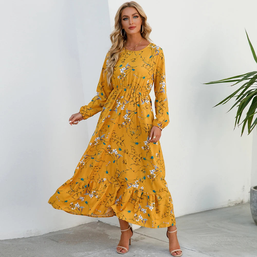 Robe maxi bohème imprimé floral, manches longues, idéale printemps-été.
