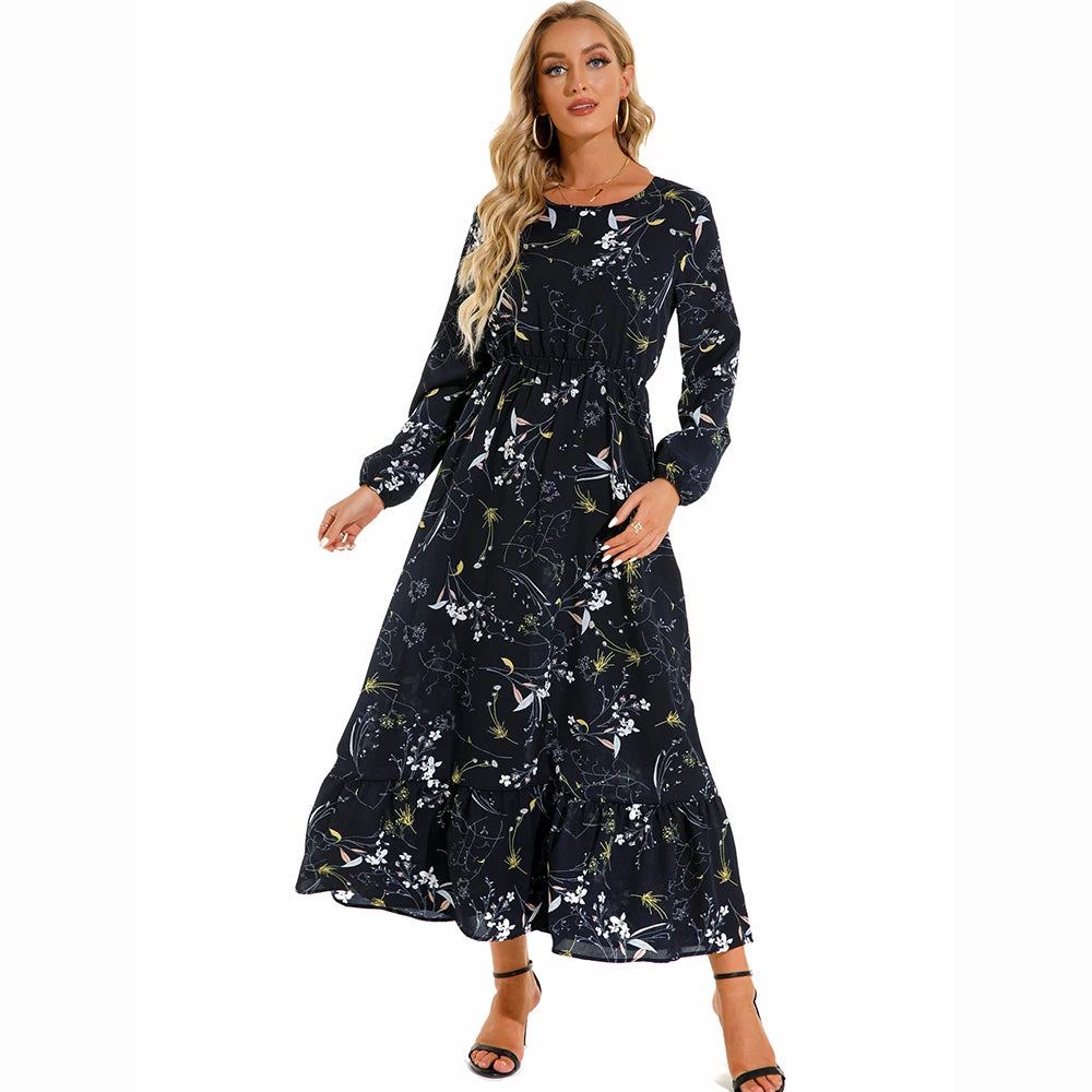Robe maxi bohème imprimé floral, manches longues, idéale printemps-été.