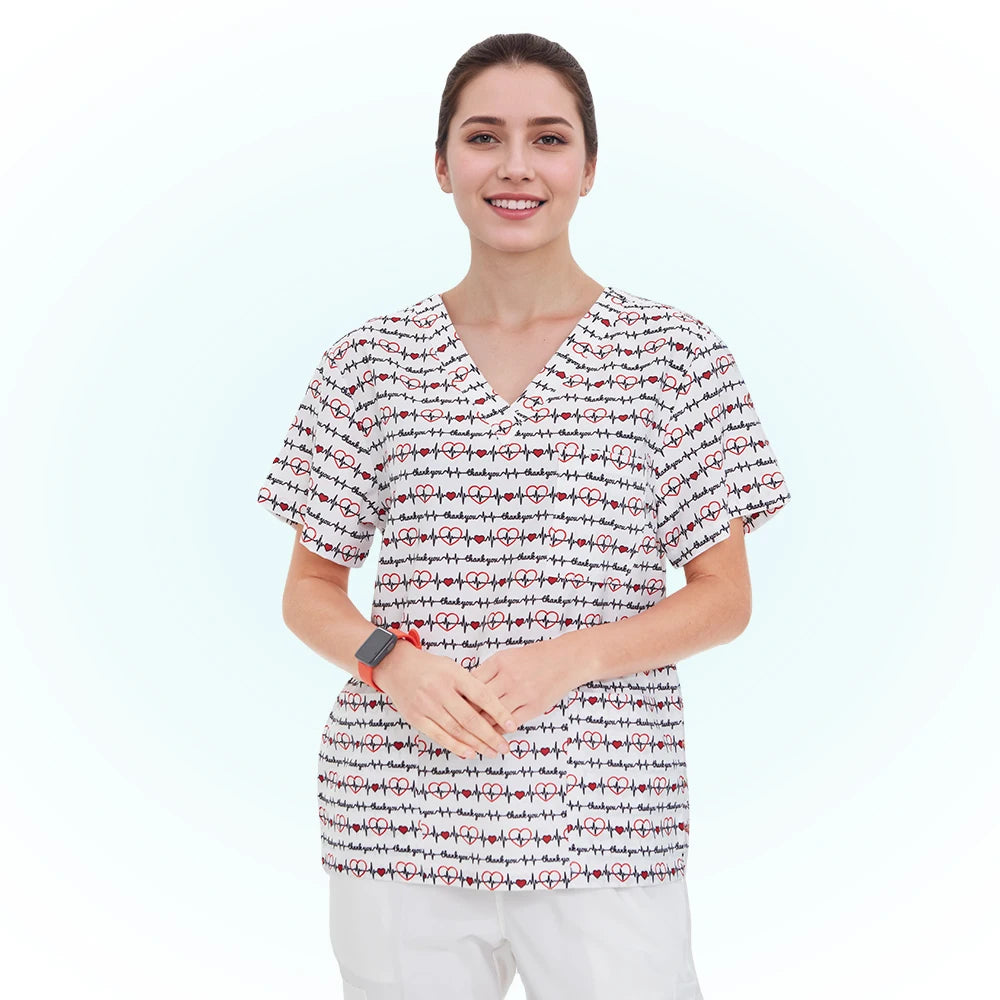 Haut médical imprimé femme – col en V, respirant, été, stretch