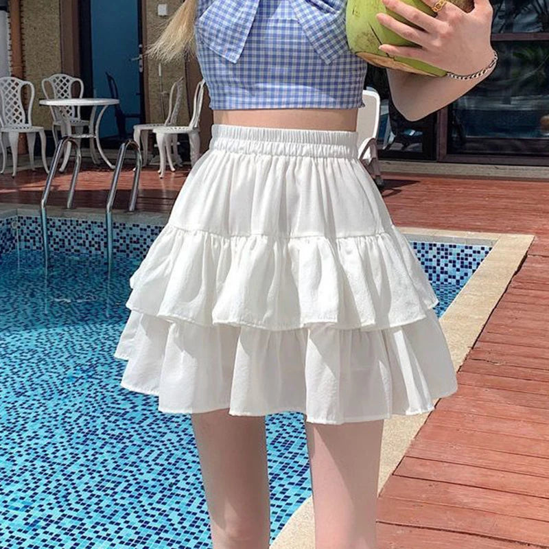 Jupe plissée blanche à volants, taille élastique, style coréen été.