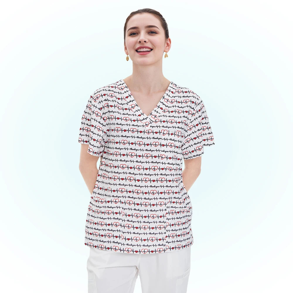 Haut médical imprimé femme – col en V, respirant, été, stretch
