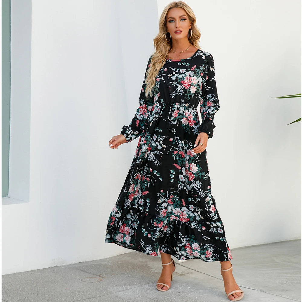 Robe maxi bohème imprimé floral, manches longues, idéale printemps-été.