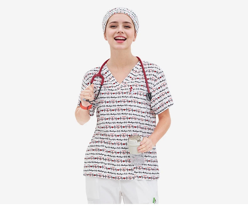 Haut médical imprimé femme – col en V, respirant, été, stretch