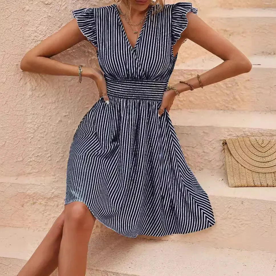 Robe d'été femme 2025 – Imprimé rayé, manches papillon, style européen-américain.