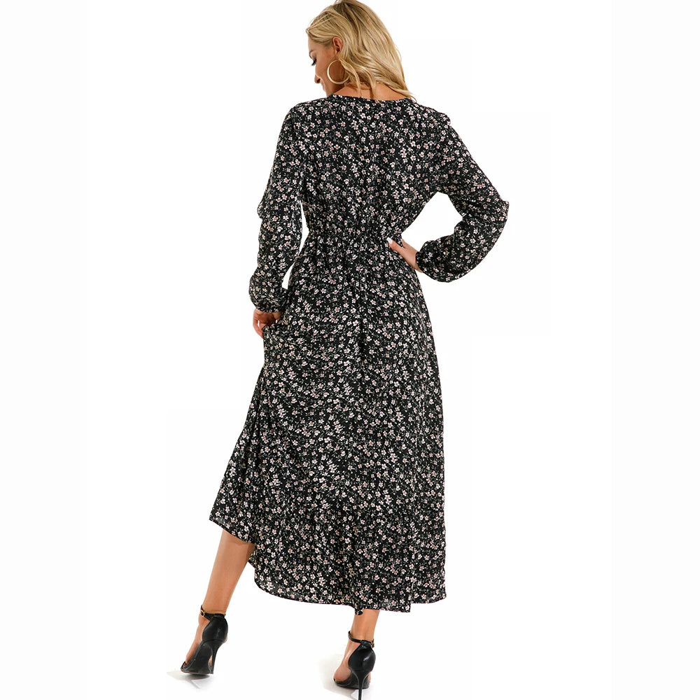 Robe maxi bohème imprimé floral, manches longues, idéale printemps-été.