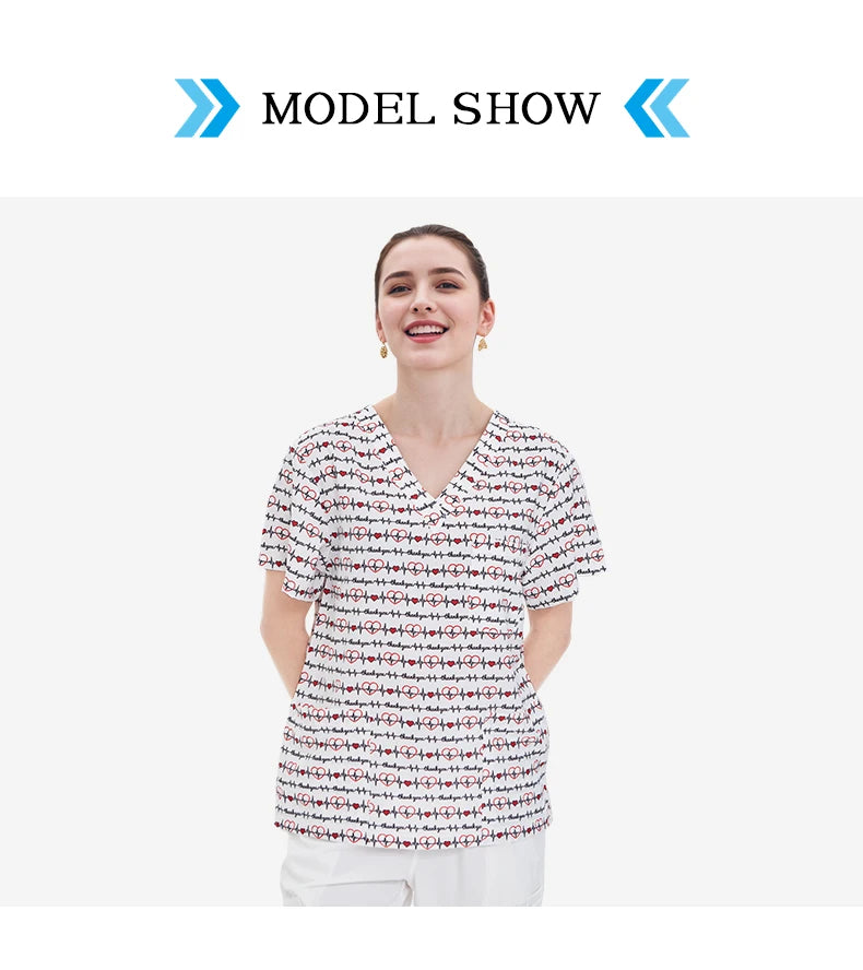 Haut médical imprimé femme – col en V, respirant, été, stretch