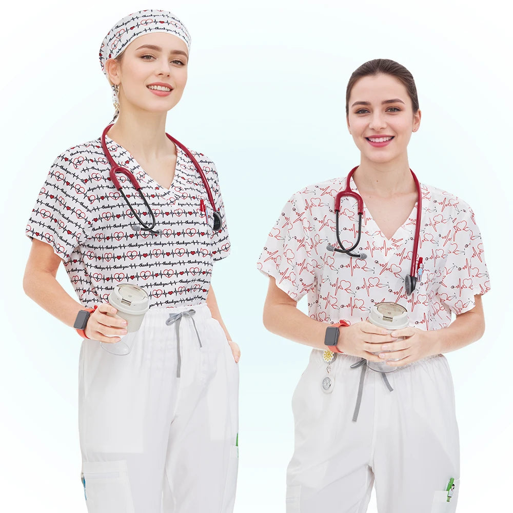 Haut médical imprimé femme – col en V, respirant, été, stretch