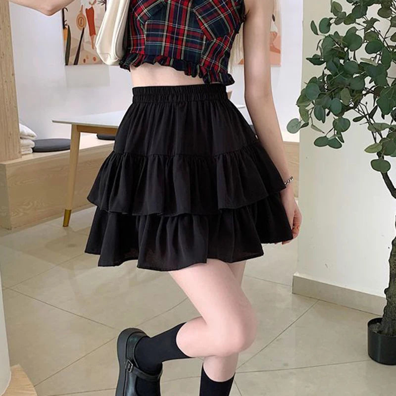 Jupe plissée blanche à volants, taille élastique, style coréen été.