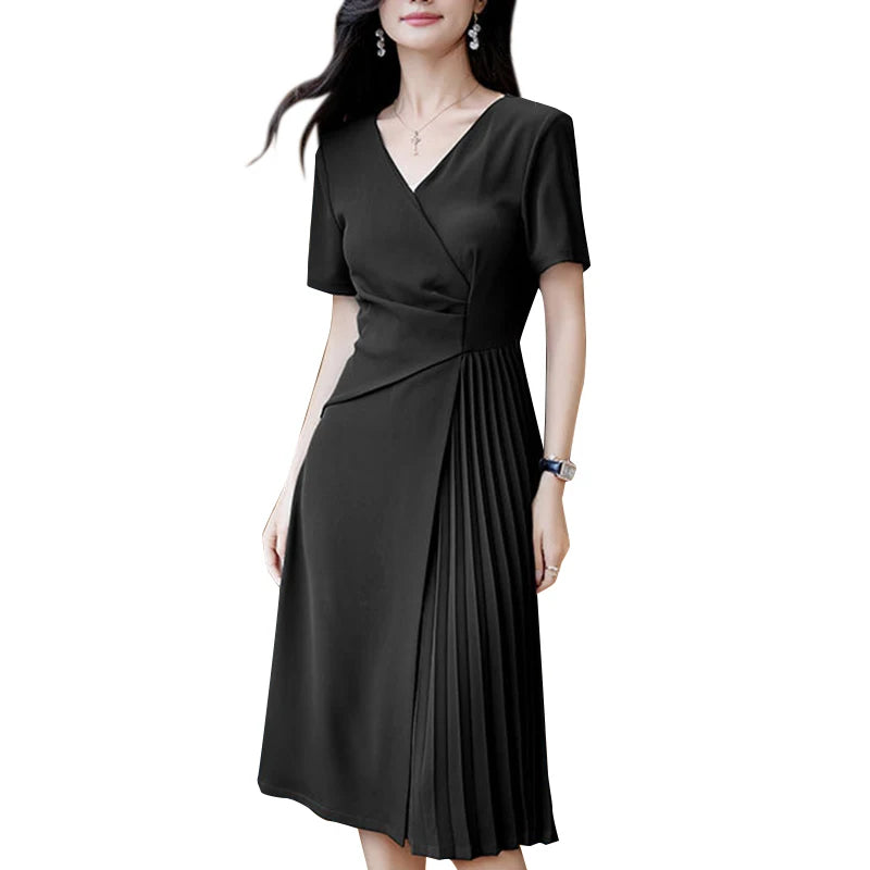 Robe midi plissée unie – Élégante robe d'été à col V pour femme