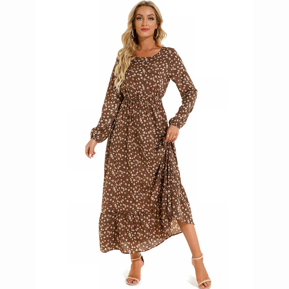 Robe maxi bohème imprimé floral, manches longues, idéale printemps-été.