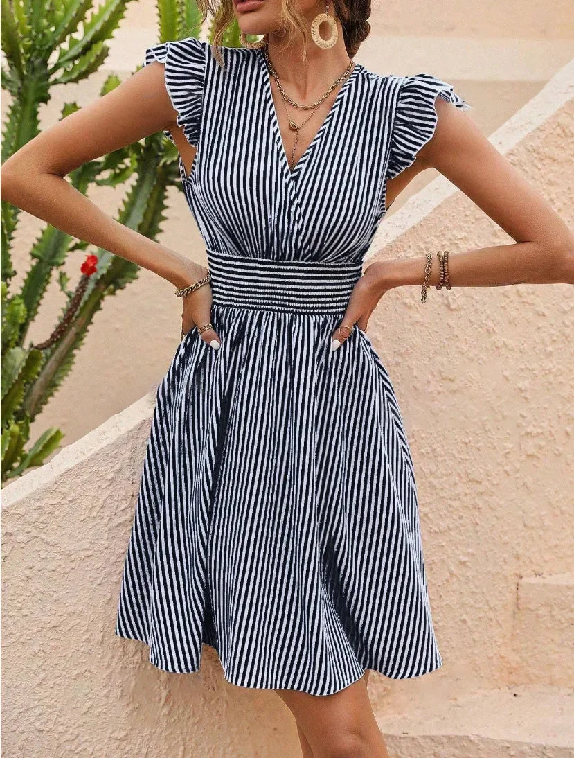 Robe d'été femme 2025 – Imprimé rayé, manches papillon, style européen-américain.