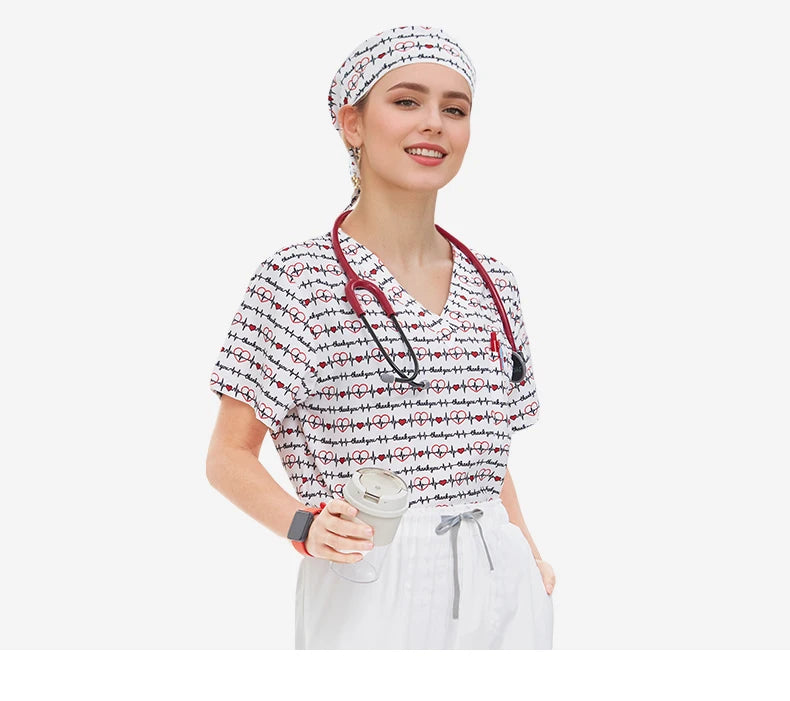 Haut médical imprimé femme – col en V, respirant, été, stretch