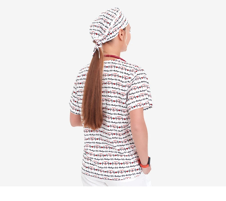 Haut médical imprimé femme – col en V, respirant, été, stretch