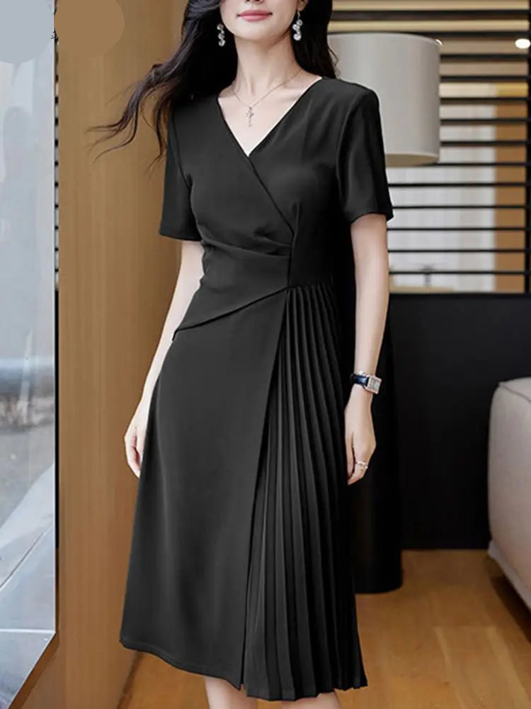 Robe midi plissée unie – Élégante robe d'été à col V pour femme