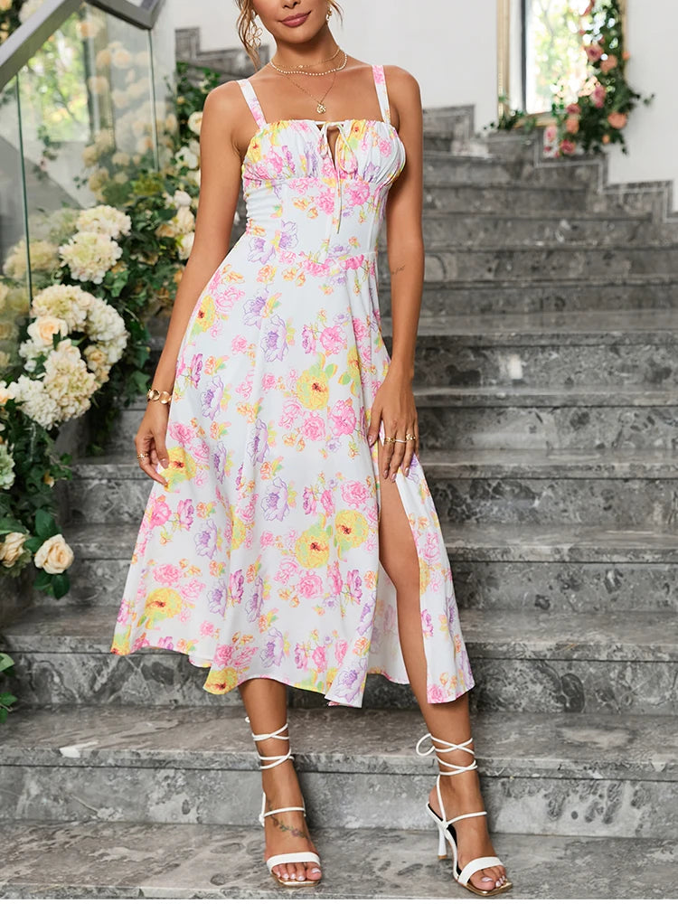 Robe midi été fleurs – Dos lacé, bretelles ajustables, fente.