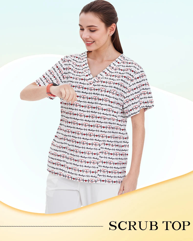 Haut médical imprimé femme – col en V, respirant, été, stretch