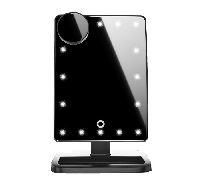 Miroir de maquillage à écran tactile avec 20 lumières LED, haut-parleur Bluetooth et miroir grossissant 10x avec éclairage.
