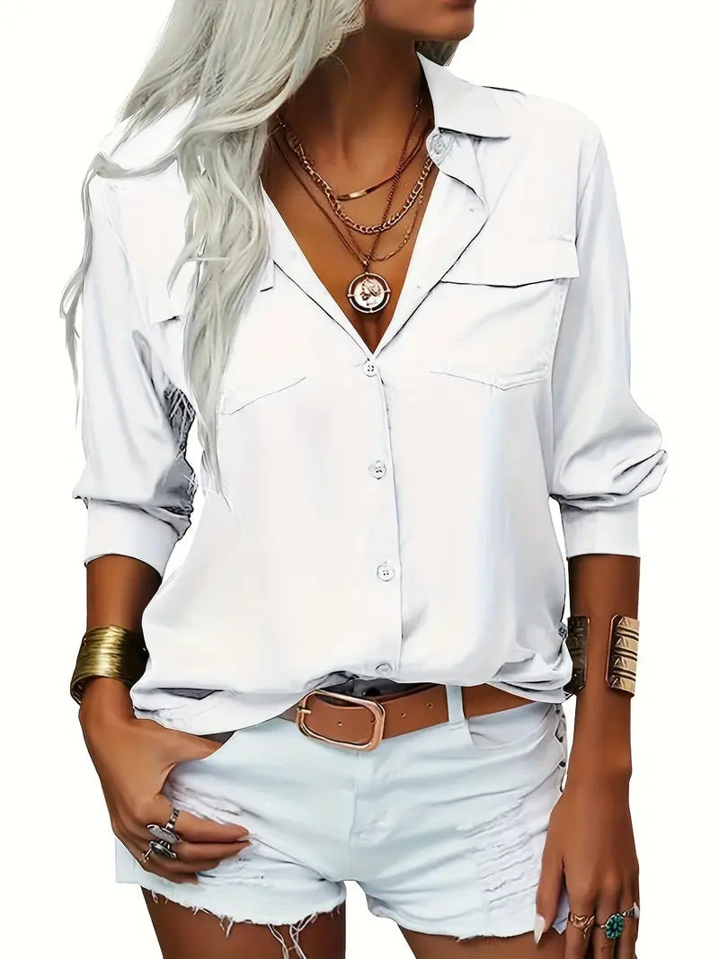 Blouse élégante en chiffon uni pour femme – Manches longues