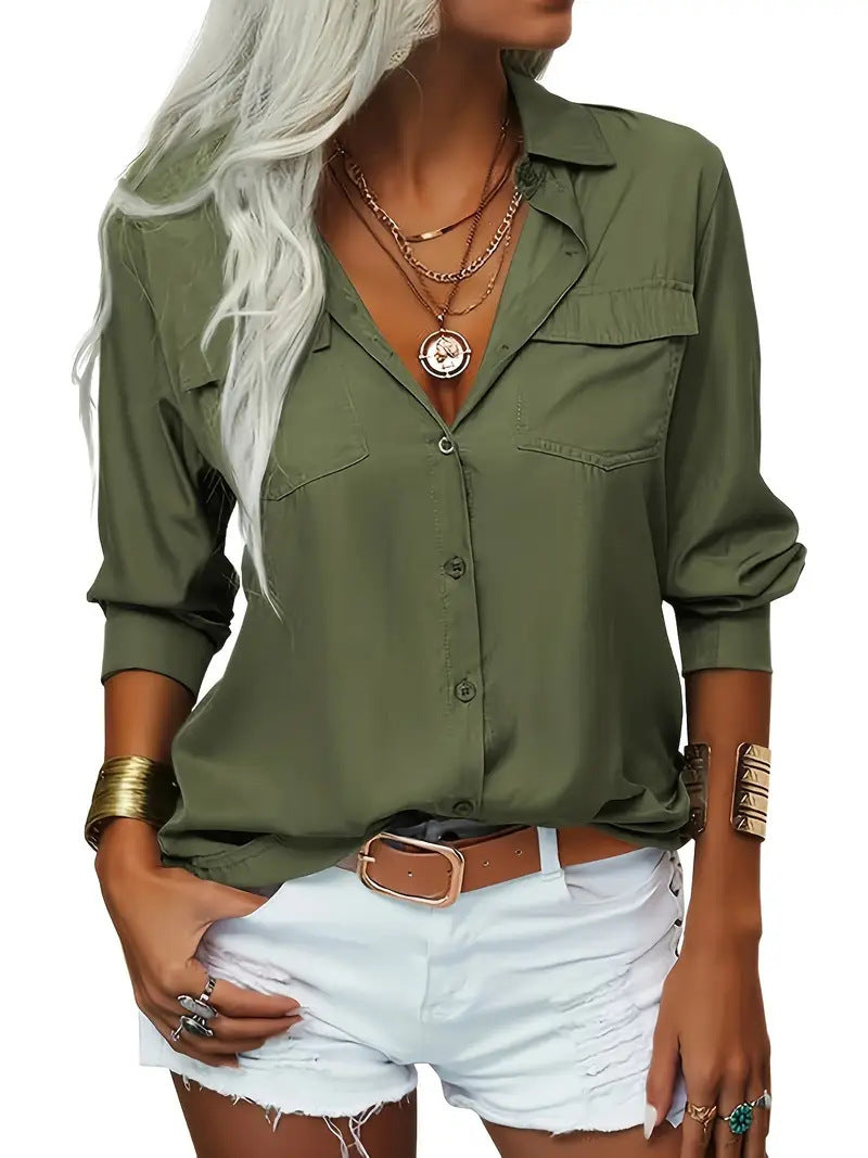 Blouse élégante en chiffon uni pour femme – Manches longues
