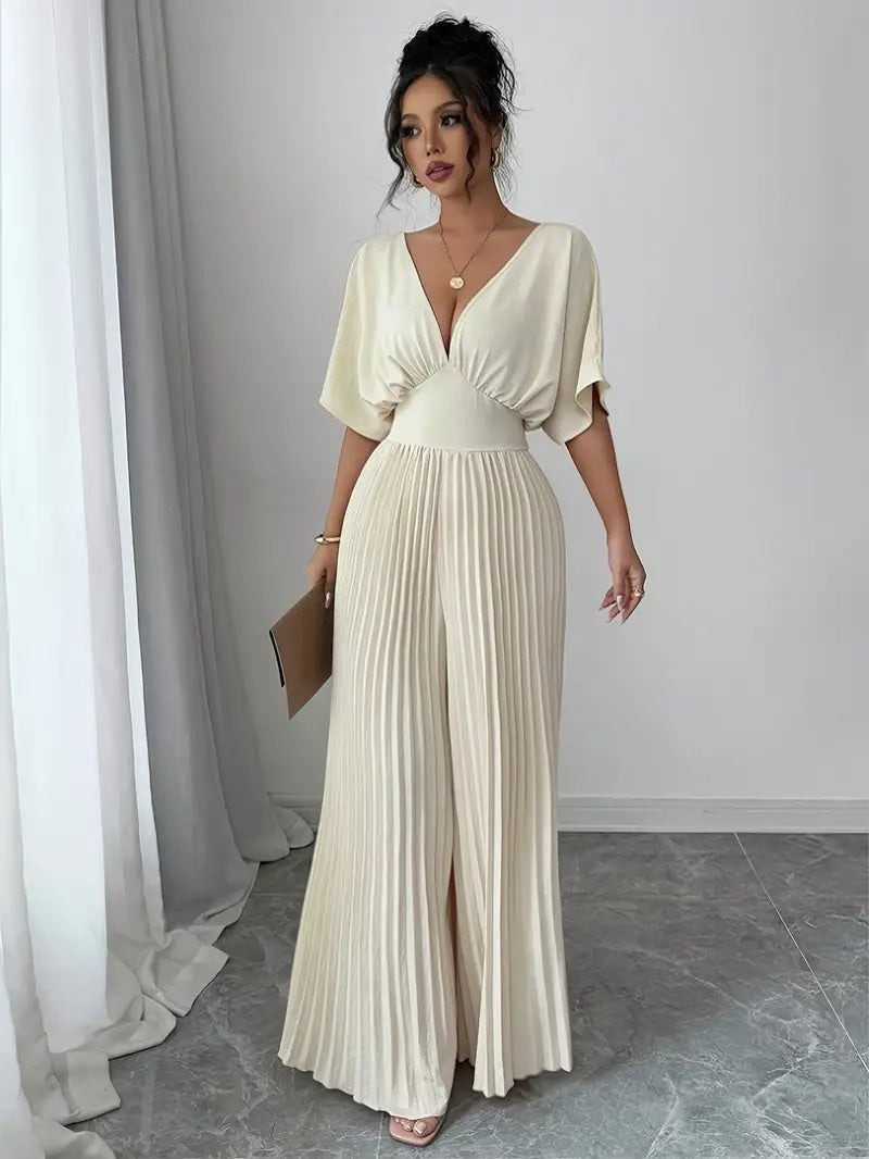 Robe Combinaison Blanche Élégante à Col V, Pantalon Bouffant et Sans Manches