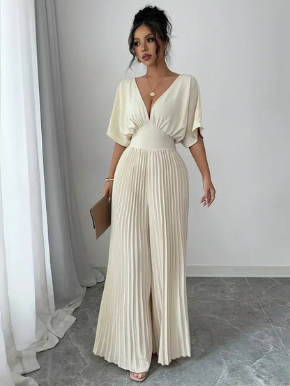 Robe Combinaison Blanche Élégante à Col V, Pantalon Bouffant et Sans Manches