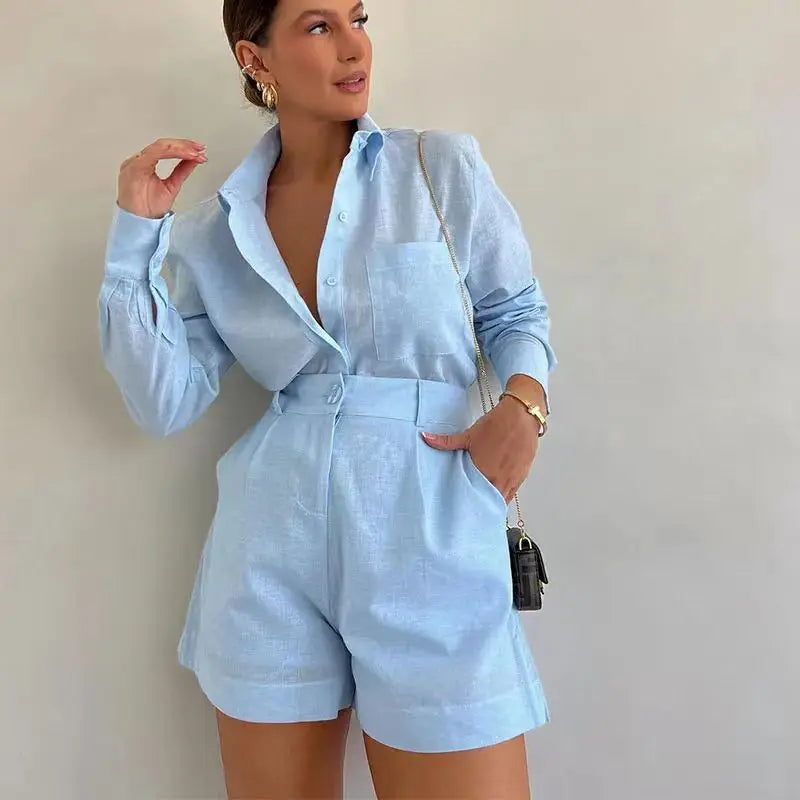 Ensemble Femme 2 Pièces – Chemise Longue & Short – Élégant Décontracté Été 2025