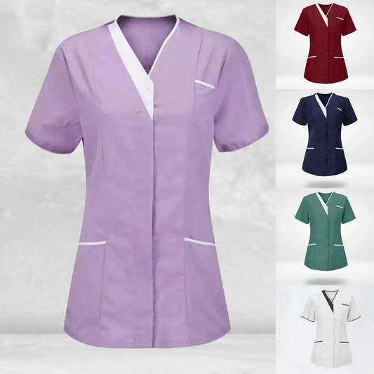 Blouse médicale femme été – col en V, manches courtes, grandes tailles, avec poches