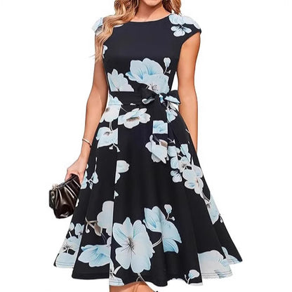 Robe d'Été à Col Rond, Sans Manches, Ceinturée – Imprimé Slim et Style Aérait