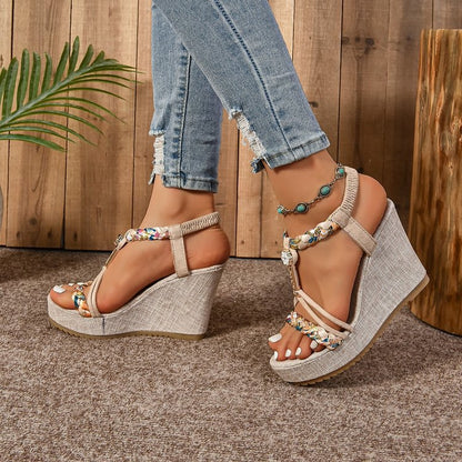 Sandales compensées en corde de chanvre avec strass et semelle en paille