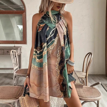 Robe Mini Ajustée Sans Manches, Col Rond, Imprimé Rayé – Design Sexy