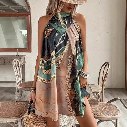 Robe Mini Ajustée Sans Manches, Col Rond, Imprimé Rayé – Design Sexy